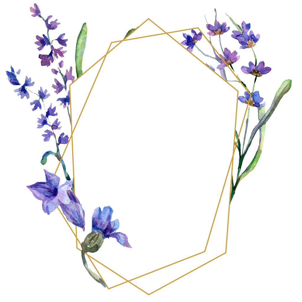 Purple lavender flowers. Watercolor background illustration. Frame border ornament. Gold crystal stone polyhedron mosaic shape amethyst gem. - Photo, Image