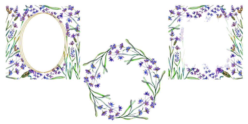 Purple lavender flowers. Wild spring leaves. Watercolor backgrounds set. Square, round and wreath frames set.  - Photo, Image