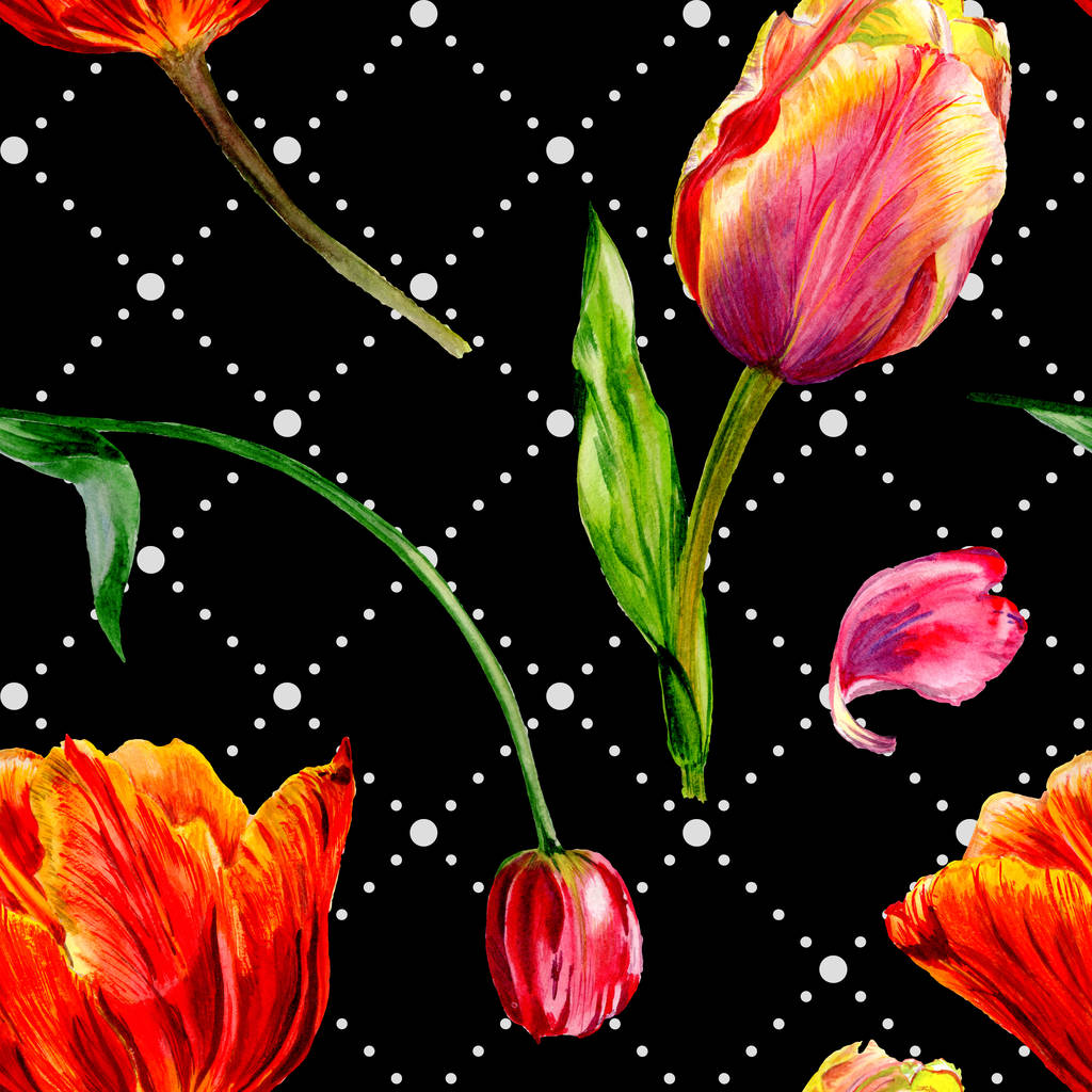 Incríveis flores de tulipa vermelha com folhas verdes. Flores botânicas desenhadas à mão. ilustração fundo aquarela. Padrão sem costura. Tecido papel de parede impressão textura
. - Foto, Imagem