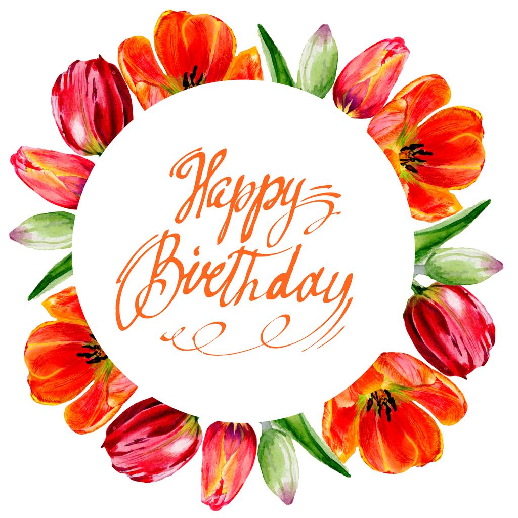 Amazing red tulip flowers with green leaves. Happy birthday handwriting monogram calligraphy. Watercolor background illustration - Photo, Image
