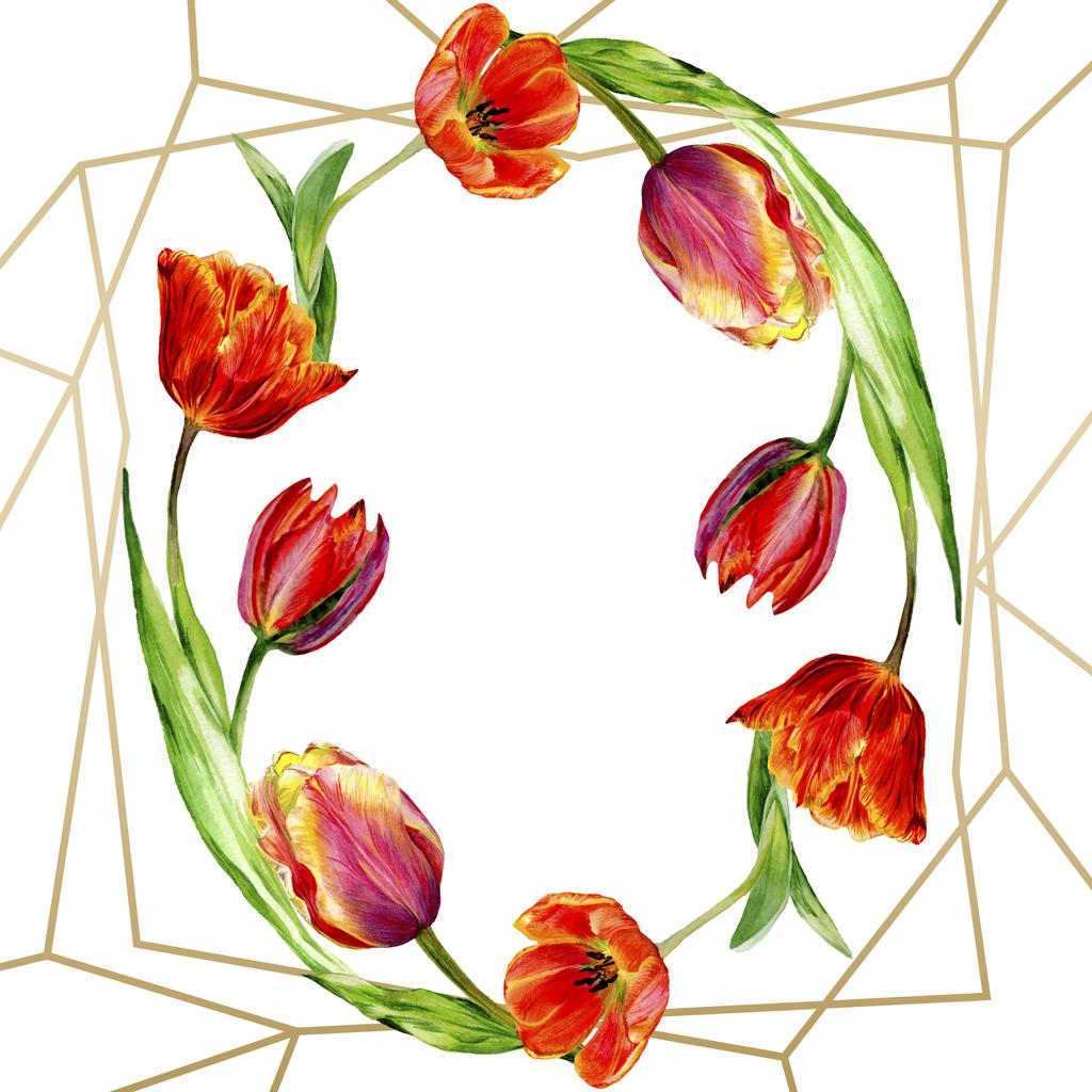 Increíbles flores de tulipán rojo con hojas verdes. Flores botánicas hechas a mano. Ilustración de fondo acuarela. Marco ornamento borde redondo. Piedra geométrica de cristal de polígono de cuarzo
. - Foto, Imagen