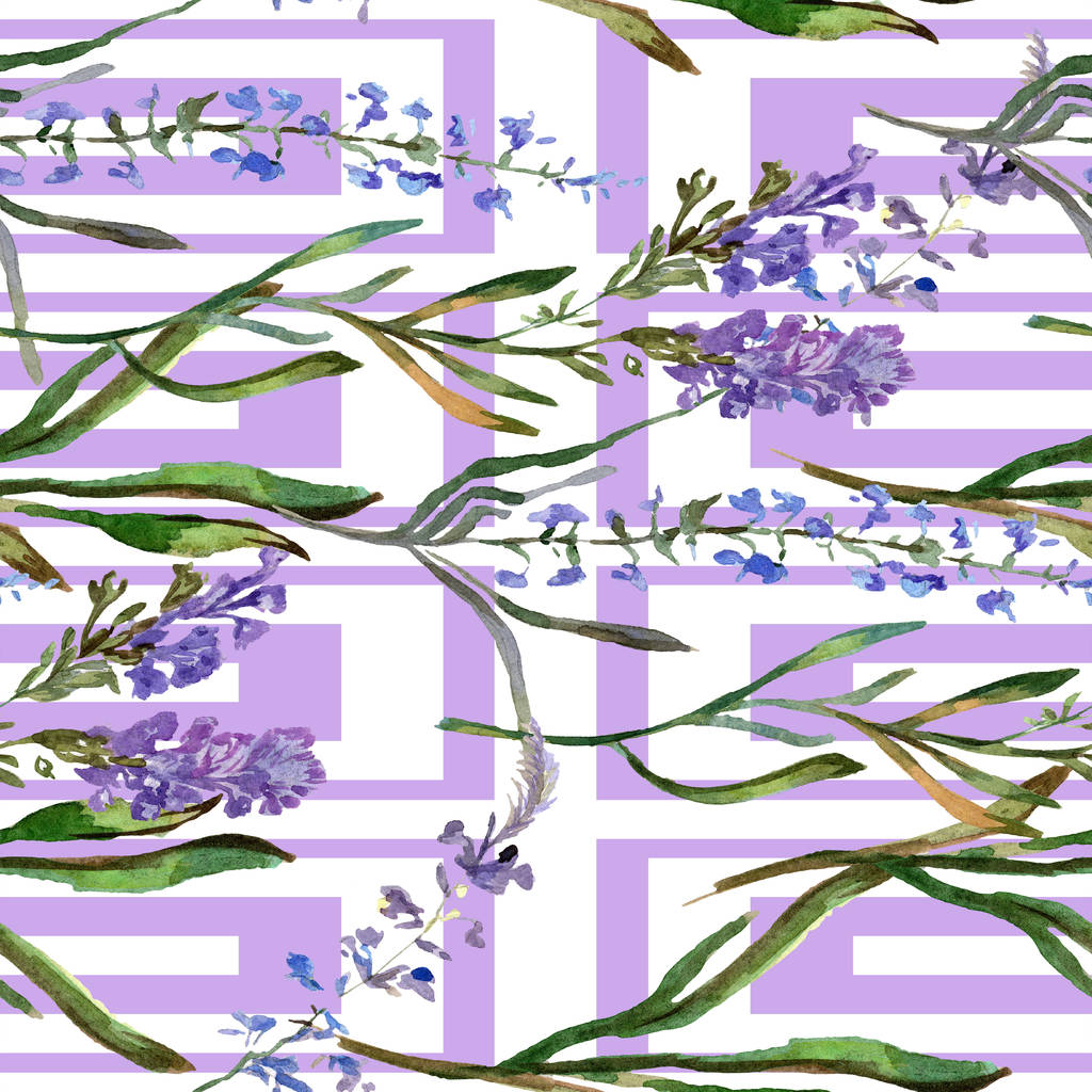紫のラベンダーの花。シームレスな背景パターン。壁紙印刷手触りの生地。手描き水彩の背景イラスト. - 写真・画像