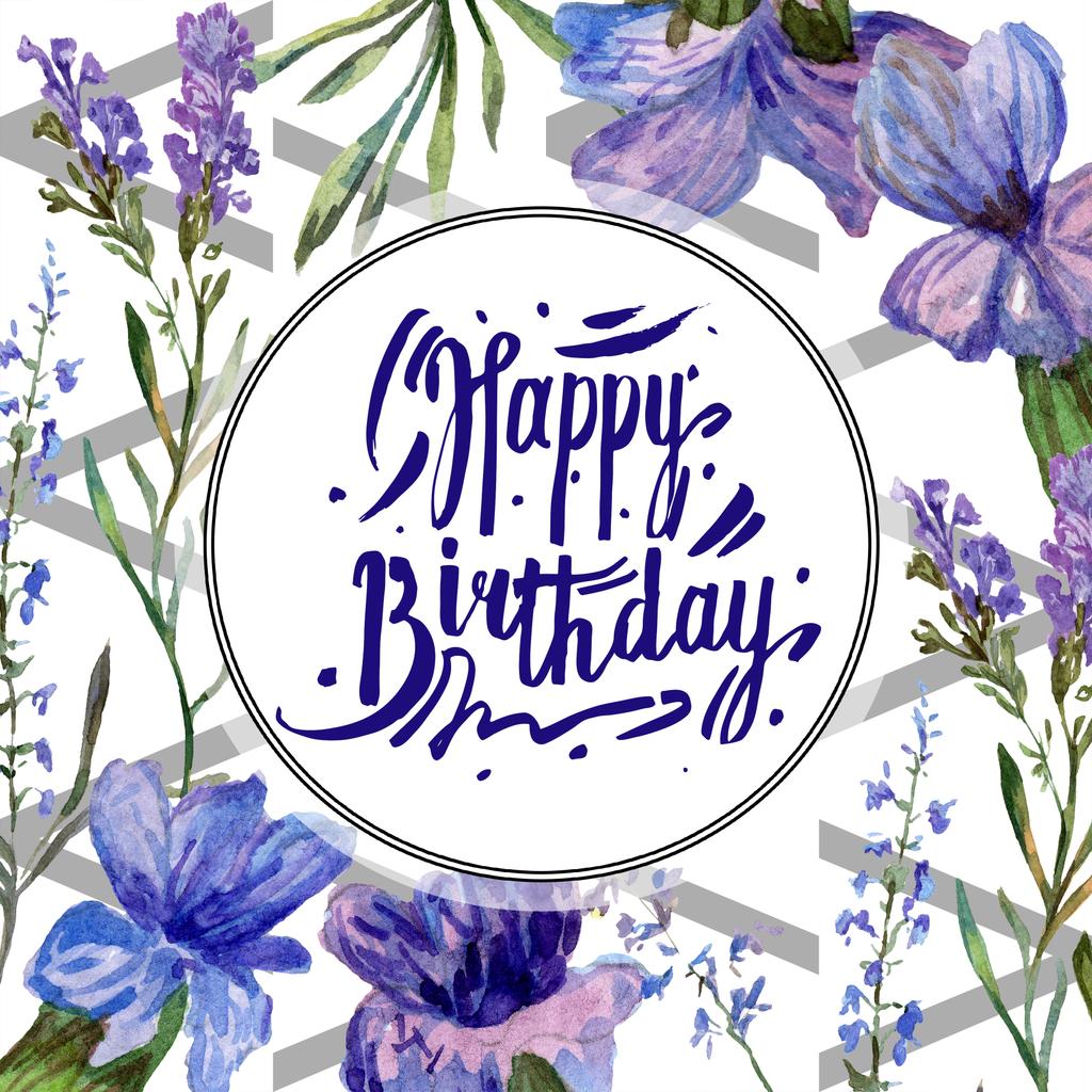 Levendula lila virágok. Boldog születésnapot kézírás monogram kalligráfia. Vad tavaszi levelek. Akvarell háttér illusztráció. Kerek test határ. - Fotó, kép