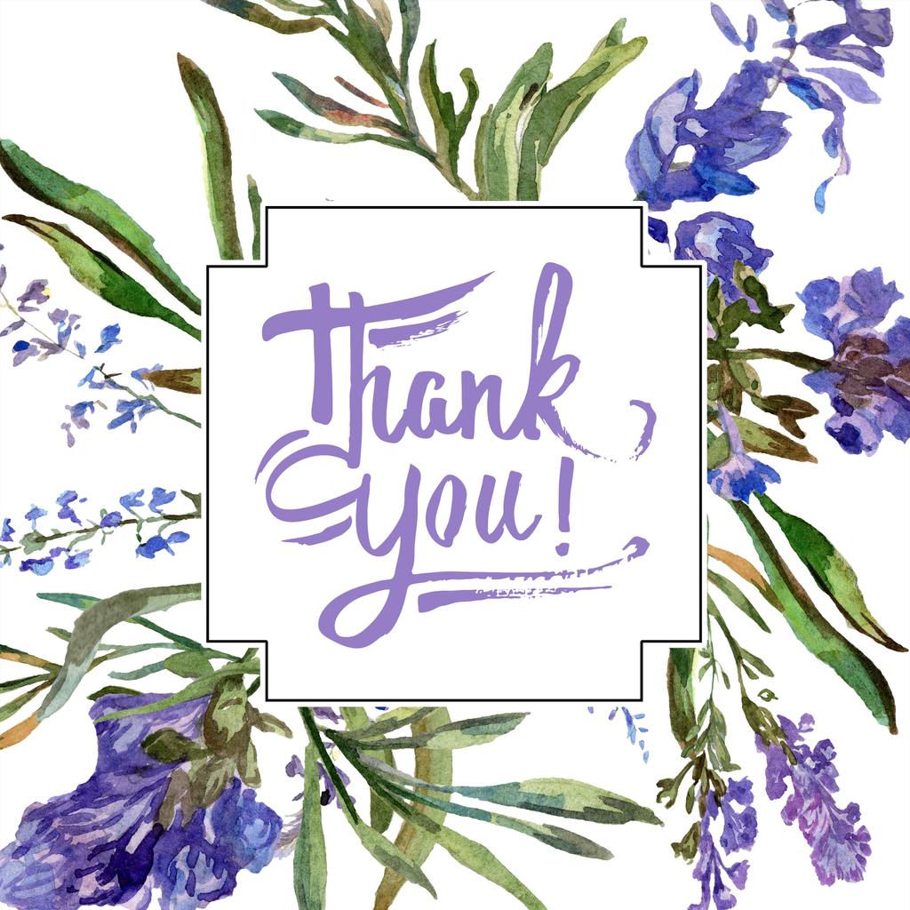 紫のラベンダーの花 手書きモノグラム 書道 ありがとうございます 美しい春の野草 水彩画背景イラスト フレーム境界線広場 ロイヤリティフリー写真 画像素材