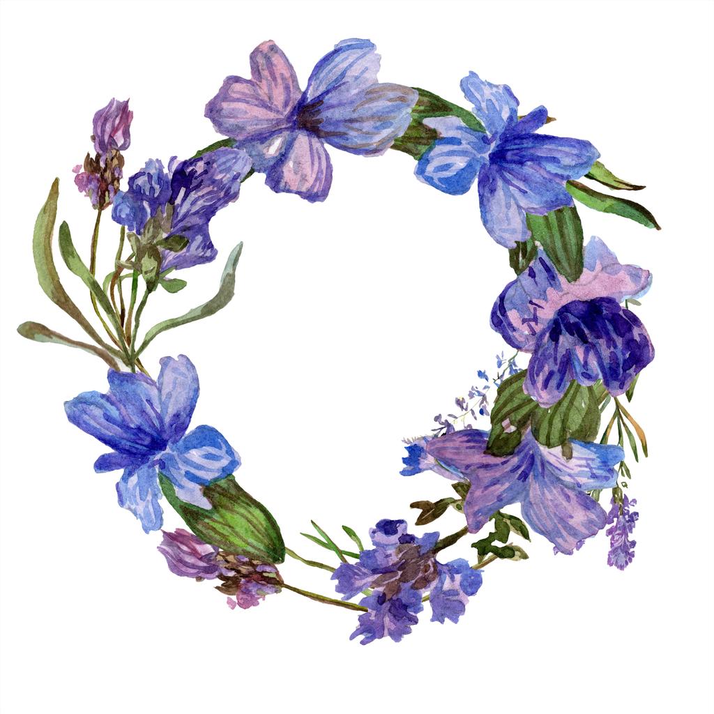 紫のラベンダーの花。春の野の花。水彩画背景イラスト。リース フレームの枠線. - 写真・画像