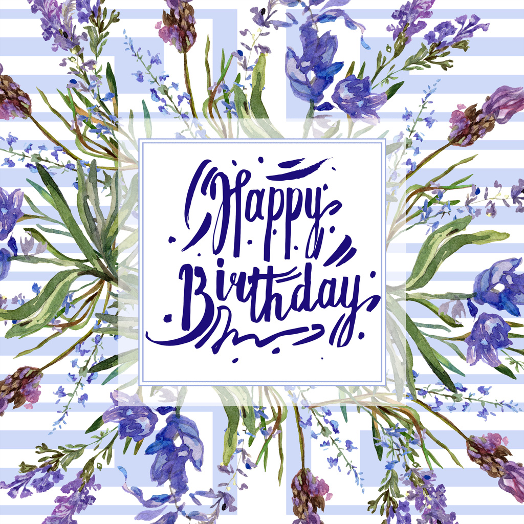 Violetti laventeli kukkia. Hyvää syntymäpäivää käsiala monogrammi kalligrafiaa. Kauniita kevätkukkia. Vesiväri tausta kuvitus. Kehyksen raja neliö
. - Valokuva, kuva