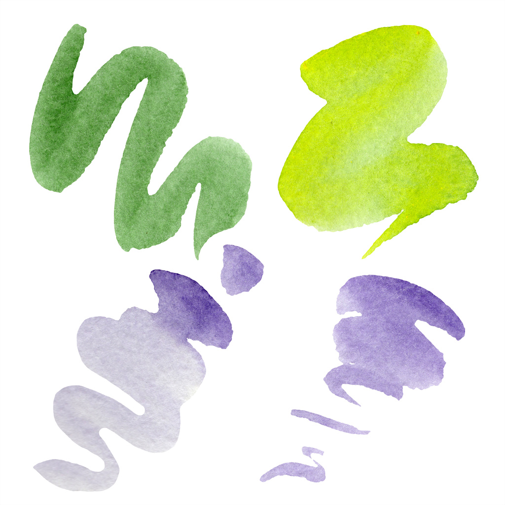 Πράσινο, ασβέστη και μωβ αφηρημένη χαρτί ακουαρέλας πιτσιλιές απομονωμένα σε λευκό. Αφηρημένη aquarelle για φόντο, υφή, μοτίβο περιτύλιγμα. - Φωτογραφία, εικόνα