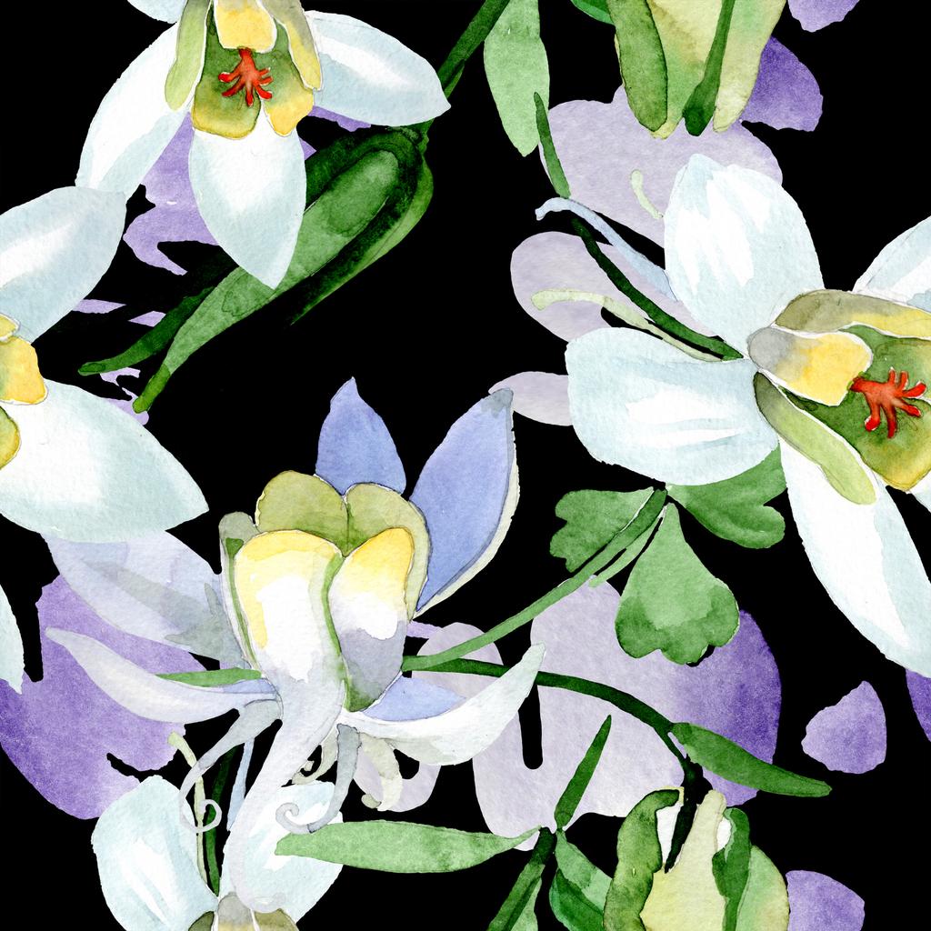 Білі квіти акваріумів. Прекрасні весняні дикі квіти. Безшовний візерунок тла. Тканинні шпалери друкують текстуру. Ілюстрація акварельного фону
. - Фото, зображення