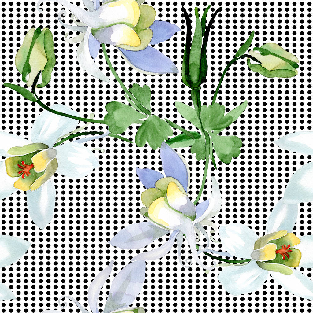 Λευκά λουλούδια aquilegia. Αγριολούλουδα της άνοιξης όμορφα. Απρόσκοπτη υπόβαθρο μοτίβο. Ύφασμα ταπετσαρία υφή. Ακουαρέλα φόντο εικόνα. - Φωτογραφία, εικόνα