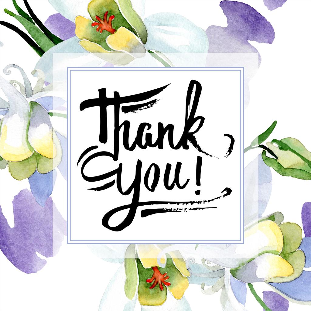 オダマキの花は白い 手書きモノグラム 書道 ありがとうございます フレーム スクエア 水彩画背景イラスト アクワレル スタイルで描く美しいオダマキの花 ロイヤリティフリー写真 画像素材