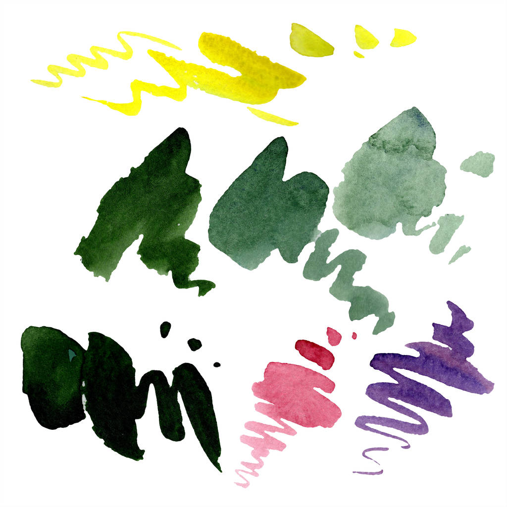 Abstracto verde, amarillo y púrpura acuarela salpicaduras de fondo, textura. Conjunto de ilustración de fondo acuarela. Aquarelle dibujo a mano manchas aisladas
. - Foto, imagen