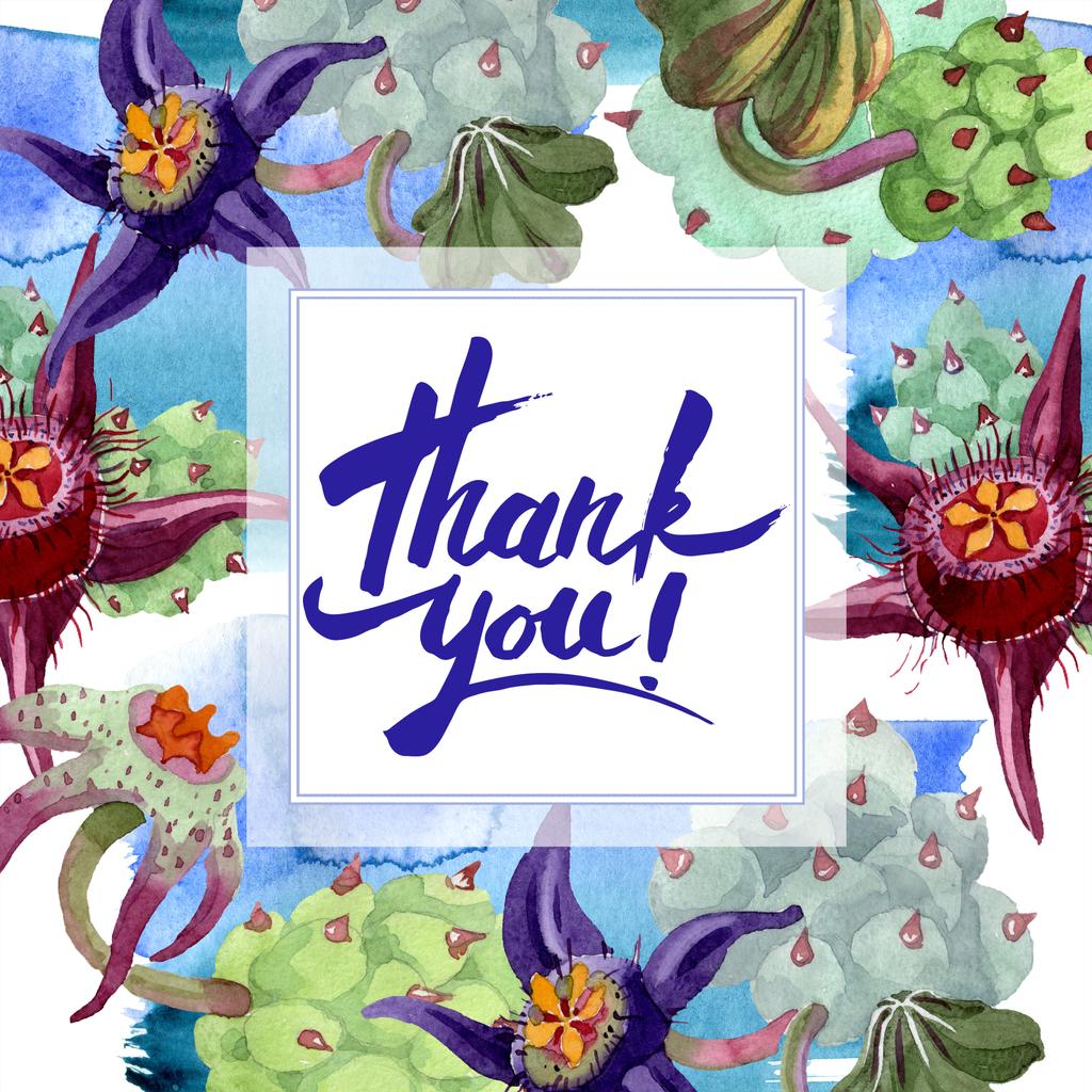 Duvalia 花 手書きモノグラム 書道 ありがとうございます 水彩画背景イラスト フレーム スクエア アクワレル手描きの多肉の植物 ロイヤリティフリー写真 画像素材