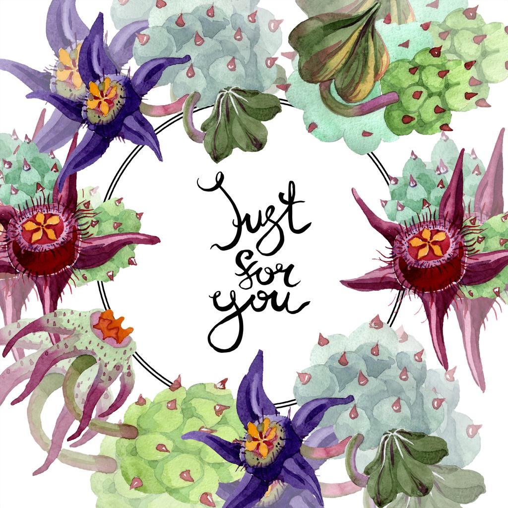 Duvalia flowers. Just for you handwriting monogram calligraphy. Watercolor background illustration. Aquarelle hand drawing succulent plants.  - Photo, Image