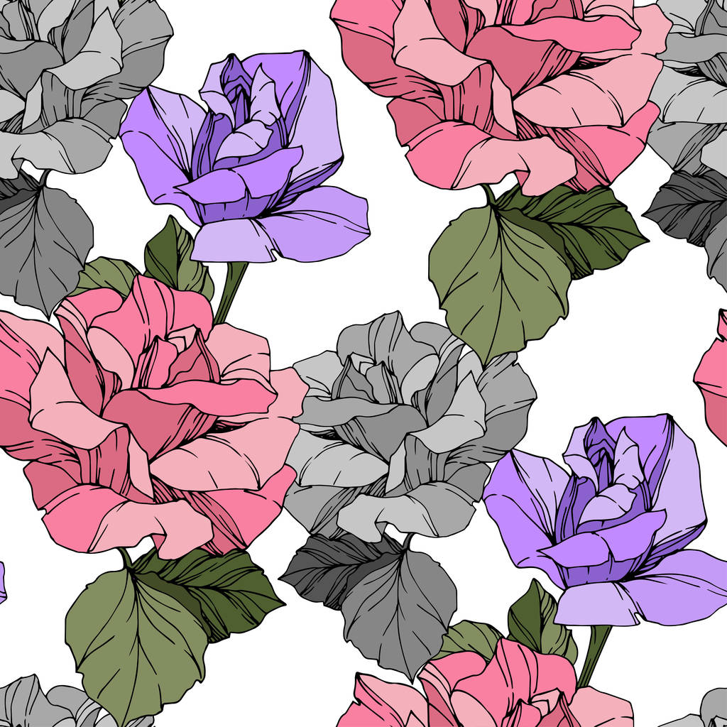 Beautiful vector roses. Wild spring leaves. Pink and purple engraved ink art. Seamless background pattern. Fabric wallpaper print texture. - Vector, Image