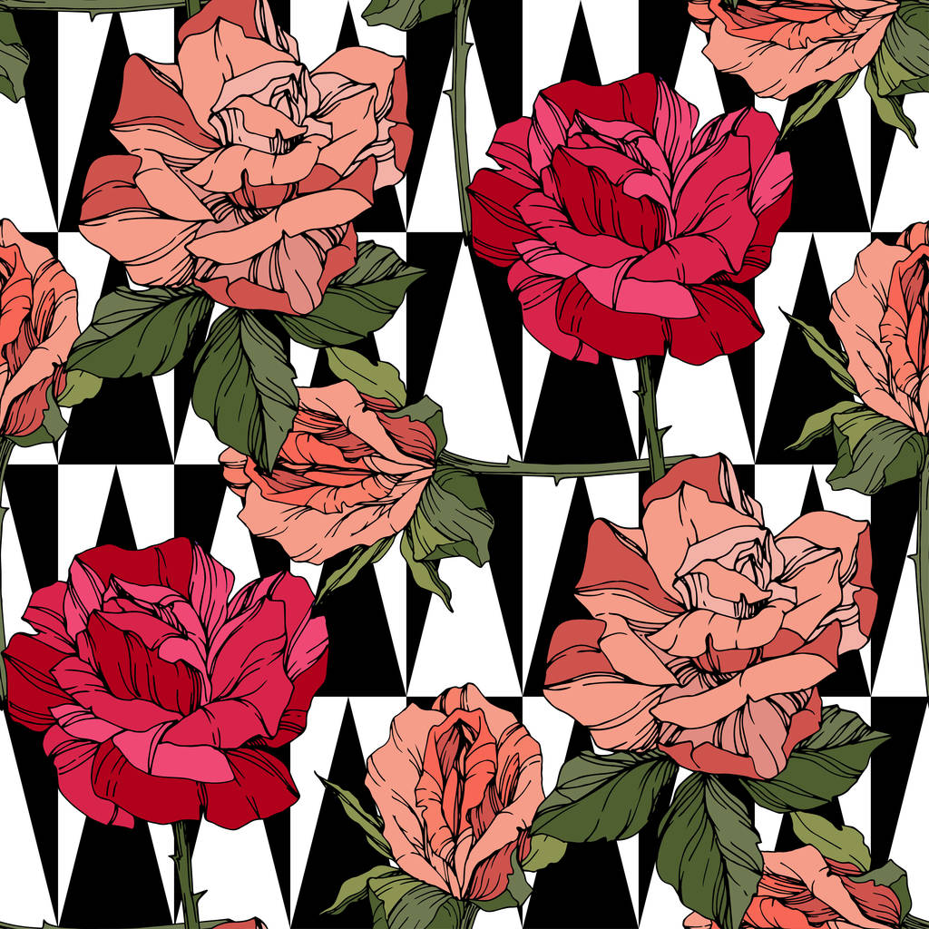 Beautiful vector roses. Floral botanical flowers. Wild spring leaves. Coral and red engraved ink art. Seamless background pattern. Fabric wallpaper print texture. - Vector, Image