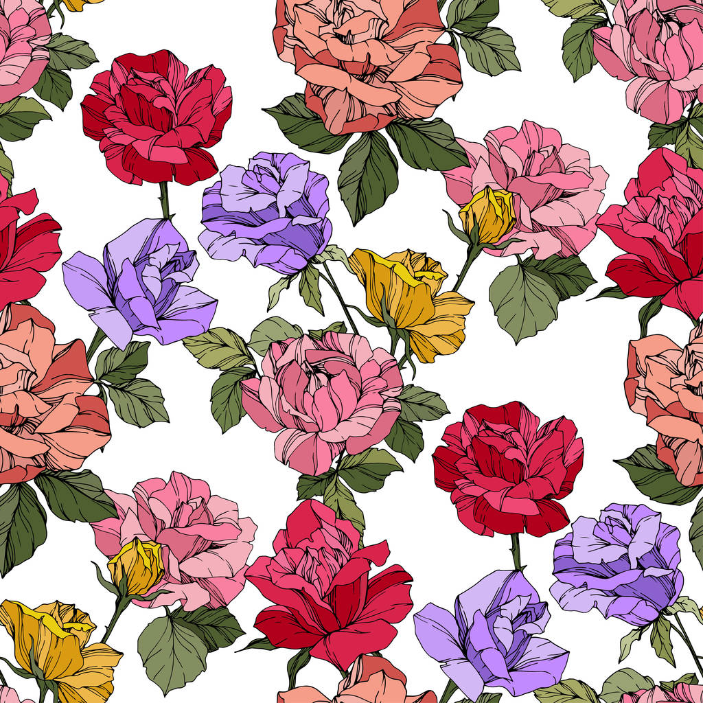 Gyönyörű vektor rózsák. Virágos botanikai virágok. Vad tavaszi levelek. Piros, sárga és lila vésett tinta art. Varratmentes háttérben minta. Anyagot a nyomtatási textúrát. - Vektor, kép
