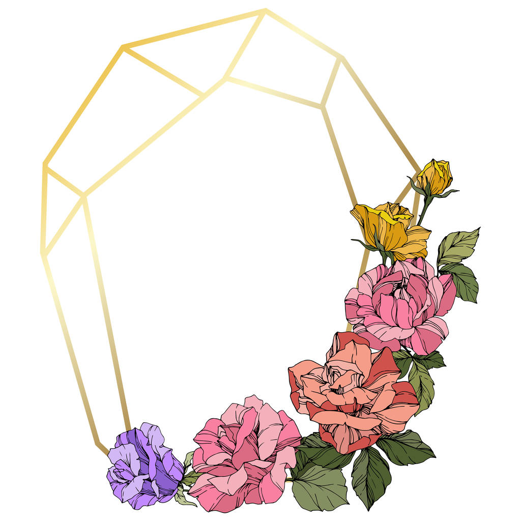 Vektorrosen. Blütenbotanische Blumen. Korallen, rosa und gelb gravierte Tuschekunst. Rahmen goldener Kristall. geometrische Polygon-Kristallform. - Vektor, Bild