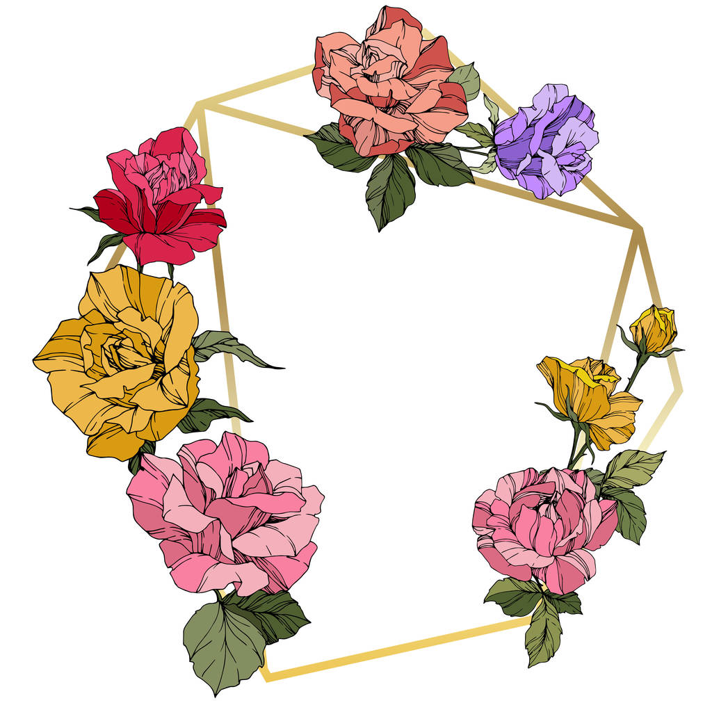 Vector Roses. Floral botanical flowers. Red, pink and yellow engraved ink art. Frame golden crystal. Geometric polygon crystal shape. - Vector, Image