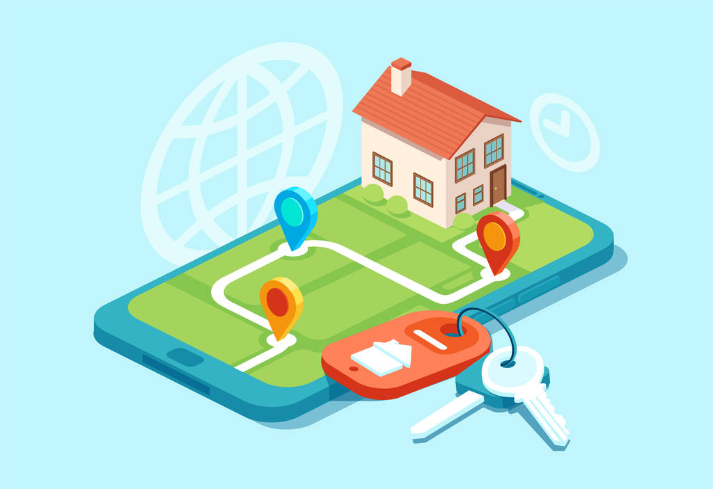Vektör bir modeli evin bir harita, evin anahtarları ve simgeler, gayrimenkul mobil app kavramı  - Vektör, Görsel