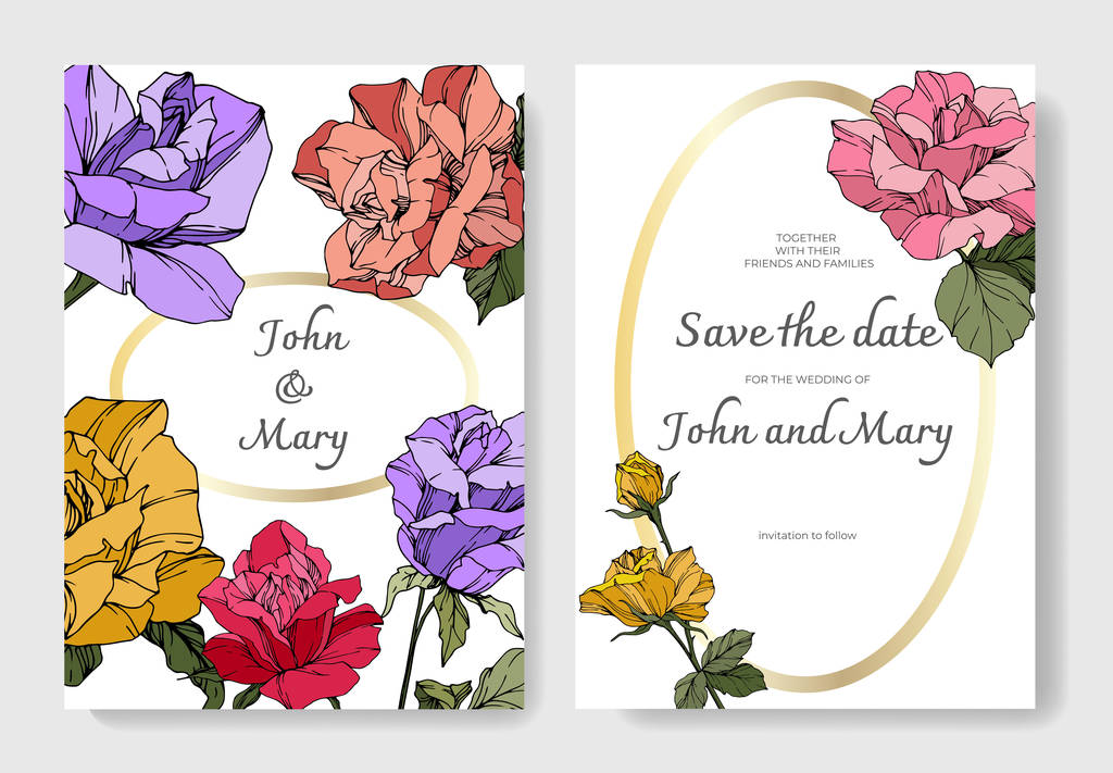 バラの花と白のカード 結婚式の花の装飾的な彫刻が施されたインク アート カード ありがとうございます Rsvp 招待エレガントなカード イラスト グラフィック設定バナー ロイヤリティフリーのベクターグラフィック画像