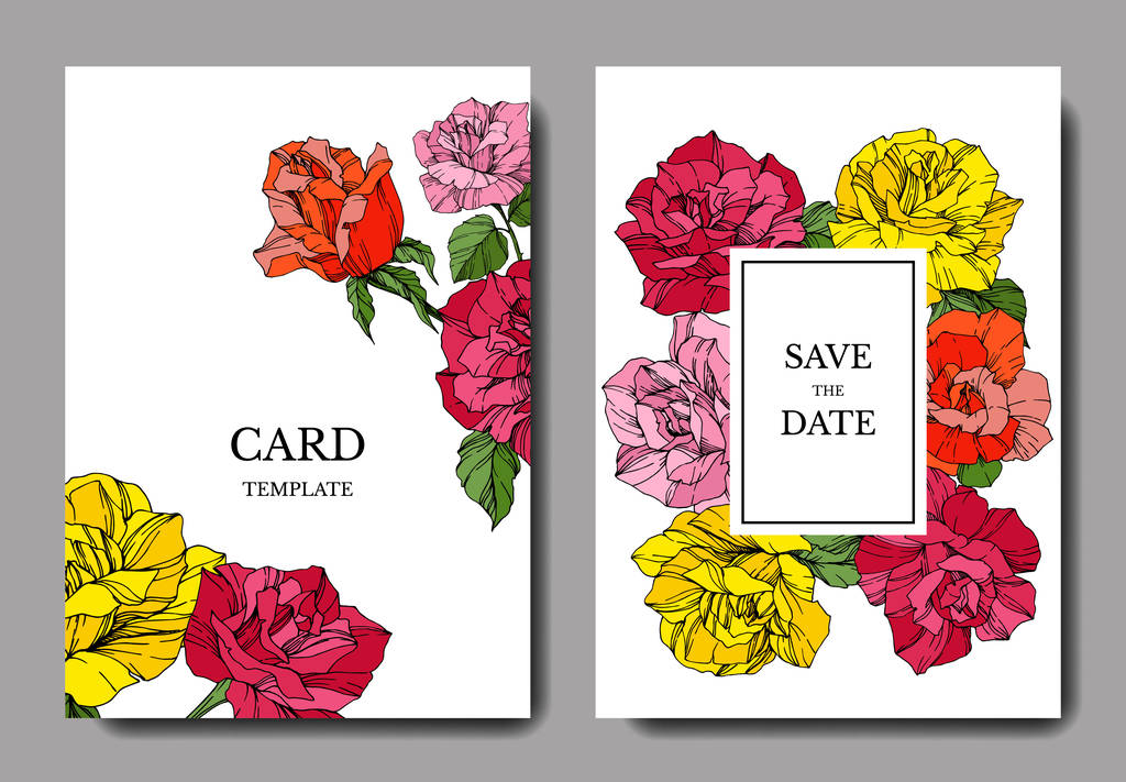 バラの花と白のカード。結婚式の花の装飾的な彫刻が施されたインク アート カード。ありがとうございます、rsvp、招待エレガントなカード イラスト グラフィック設定バナー.  - ベクター画像