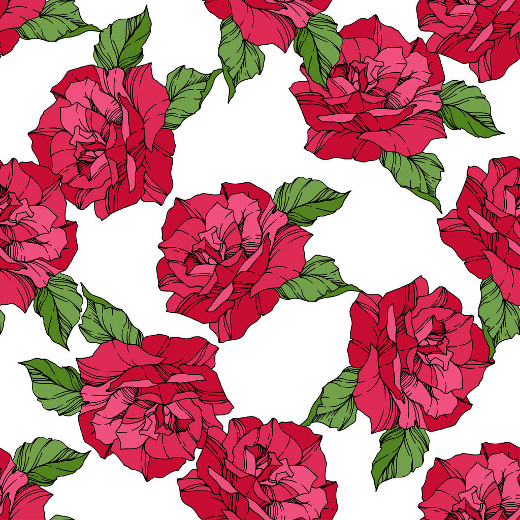 Gyönyörű vektor rózsák. Vad tavaszi levelek. Piros színű tinta art vésett. Varratmentes háttérben minta. Anyagot a nyomtatási textúrát. - Vektor, kép