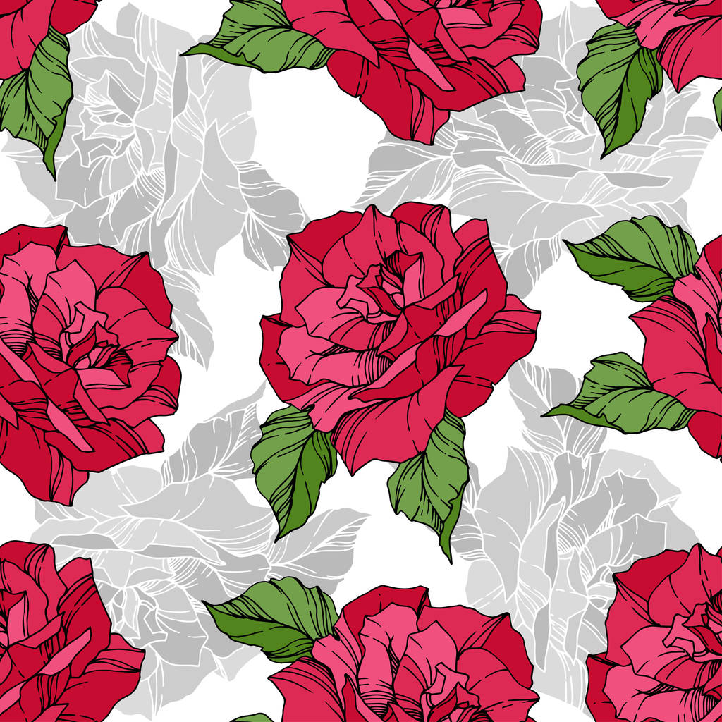 Beautiful vector roses. Wild spring leaves. Red color engraved ink art. Seamless background pattern. Fabric wallpaper print texture. - Vector, Image