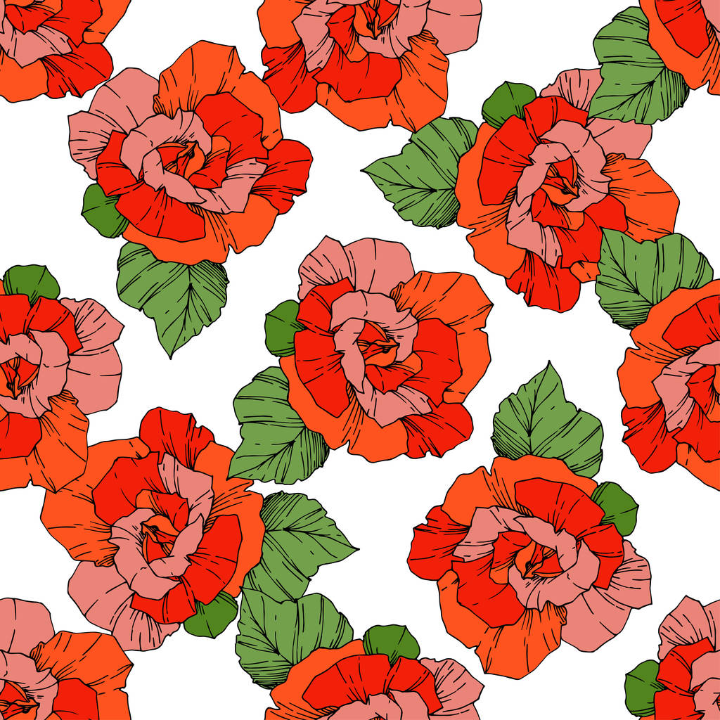Beautiful vector roses. Wild spring leaves. Orange color engraved ink art. Seamless background pattern. Fabric wallpaper print texture. - Vector, Image
