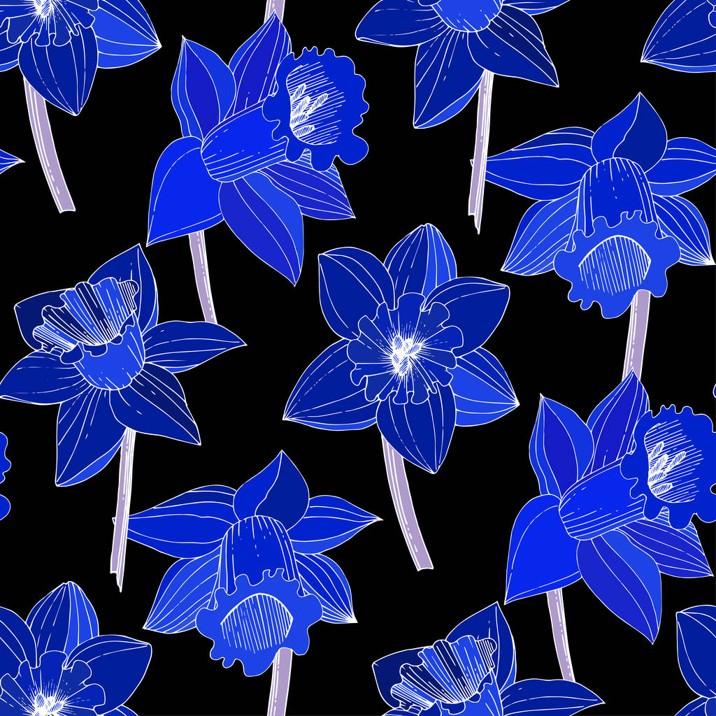 水仙の花をベクトルします 青の刻まれたインク アート シームレスな背景パターン 織物壁紙は 黒の背景にテクスチャを印刷します ロイヤリティフリーのベクターグラフィック画像