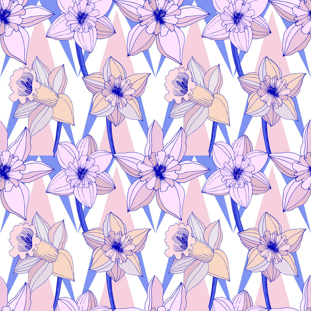 Vector Narcissus flowers. Purple engraved ink art. Seamless background pattern. Fabric wallpaper print texture on white background. - Vector, Image