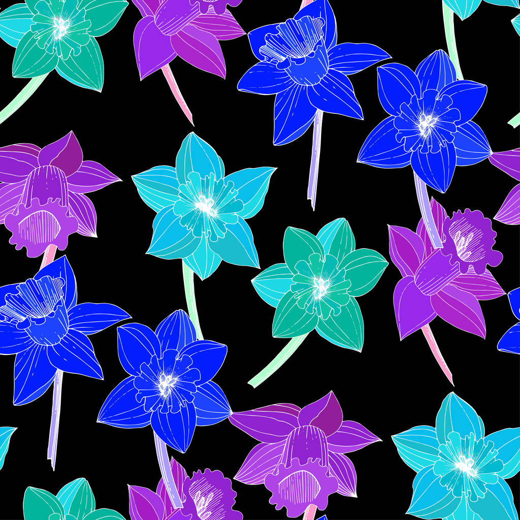 Διάνυσμα λουλούδια του Νάρκισσου. Μωβ, μπλε και πράσινο μελάνι χαραγμένο τέχνης. Απρόσκοπτη υπόβαθρο μοτίβο. Η ταπετσαρία υφάσματος εκτύπωση υφή σε μαύρο φόντο. - Διάνυσμα, εικόνα