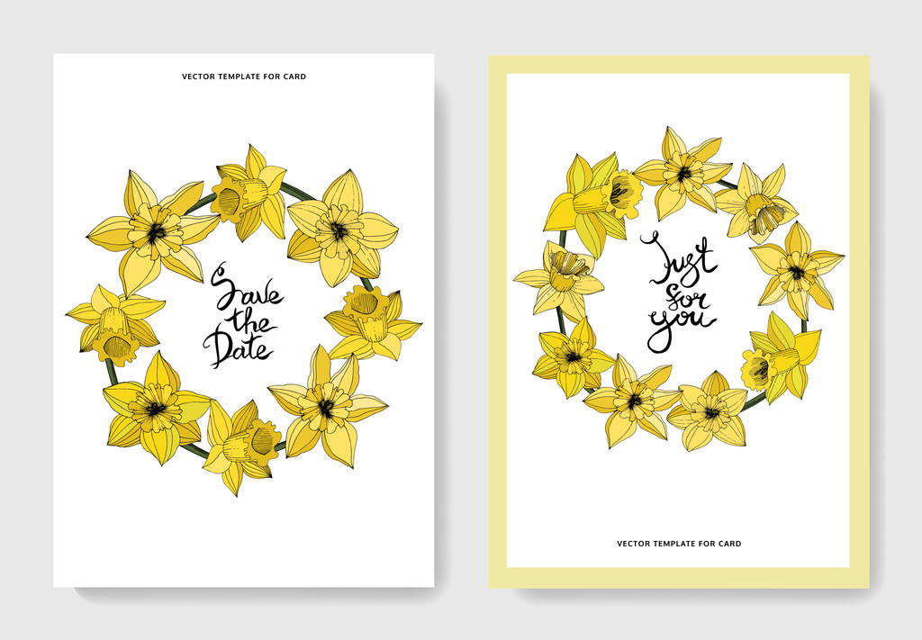 水仙の花をベクトルします。結婚式の花の装飾的なボーダーをカード。黄色の刻まれたインク アート。ありがとうございます、rsvp、招待エレガントなカード イラスト グラフィック設定バナー. - ベクター画像