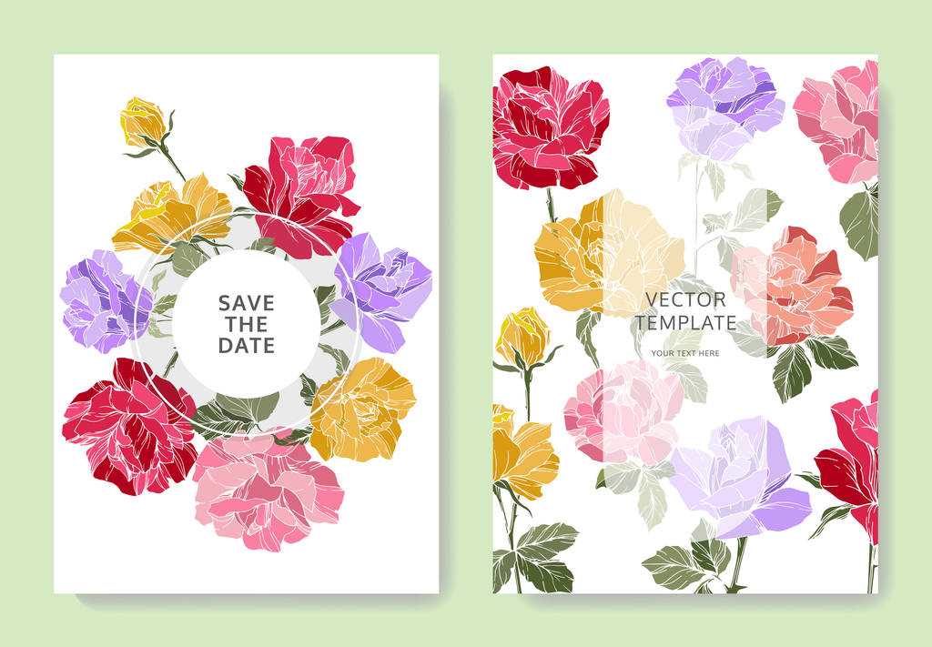 バラの花と白のカード 結婚式の花の装飾的な彫刻が施されたインク アート カード ありがとうございます Rsvp 招待エレガントなカード イラスト グラフィック設定バナー ロイヤリティフリーのベクターグラフィック画像