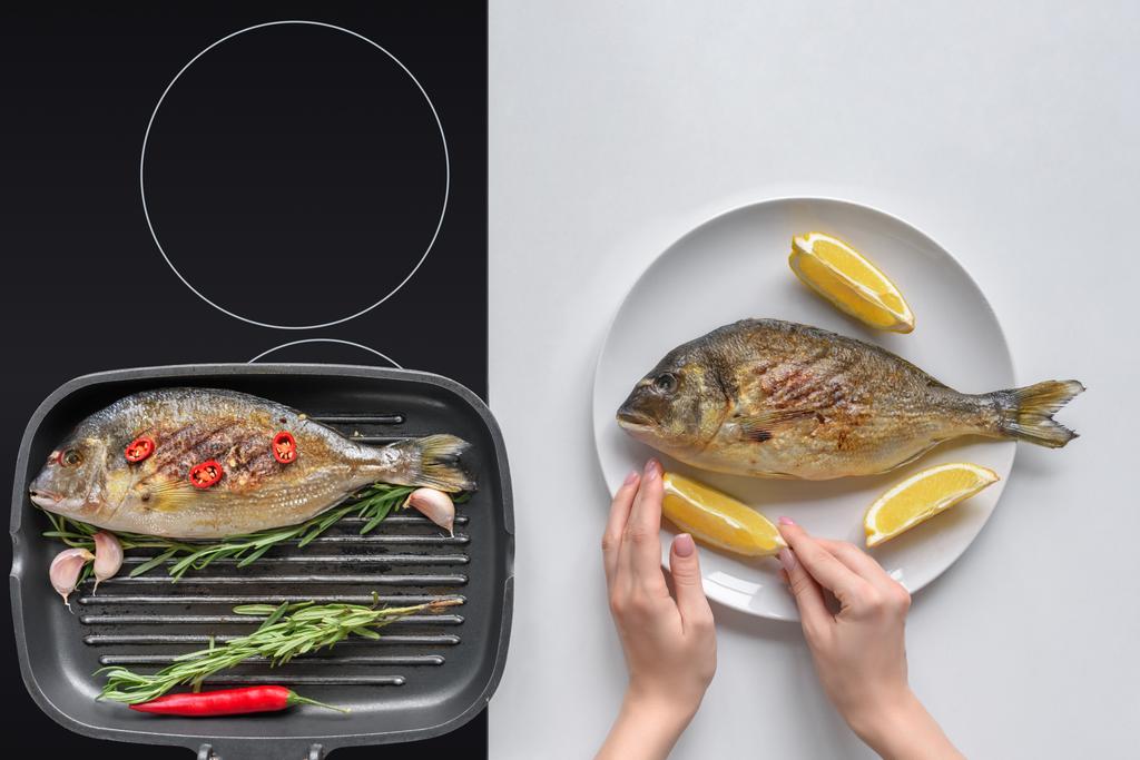 rajattu laukaus henkilö ruoanlaitto herkullisia dorado kala sitruunalla
 - Valokuva, kuva