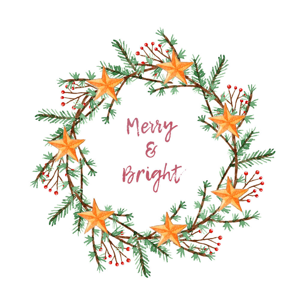 Grinalda de Natal aquarela com ramo e estrelas
 - Foto, Imagem