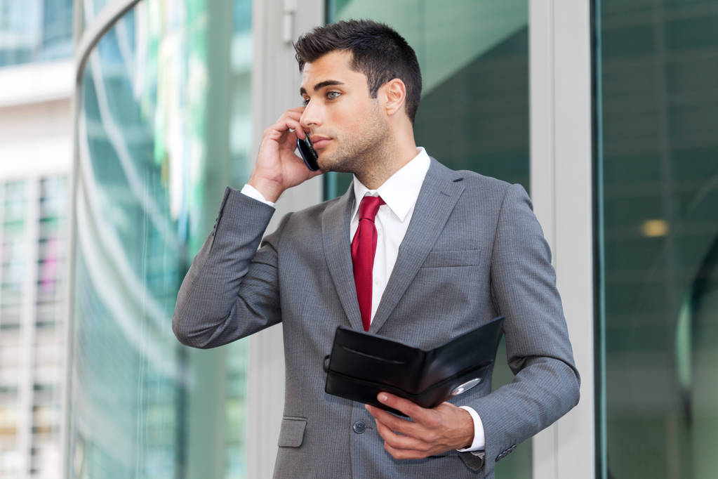 Бизнесмен разговаривает по телефону во время чтения заметок
 - Фото, изображение