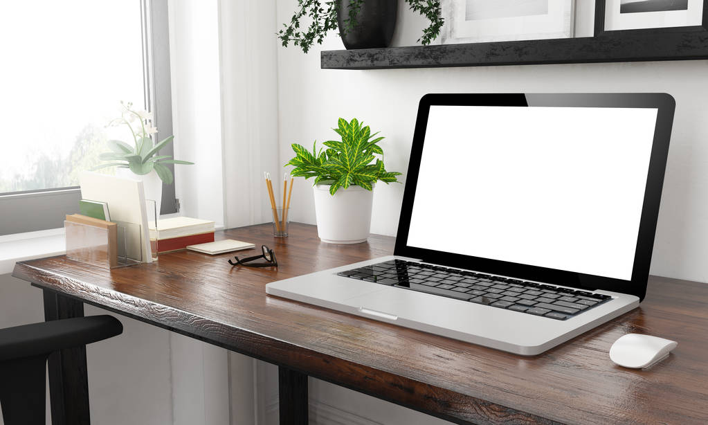 Laptop zu Hause Büro-Attrappe 3D-Rendering - Foto, Bild