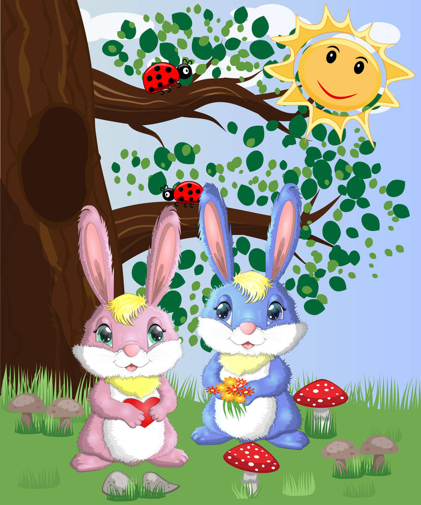 Due simpatici coniglietti in una radura della foresta. Illustrazione vettoriale
 - Vettoriali, immagini