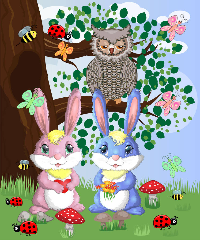 Deux mignons lapins dans une clairière. Illustration vectorielle
 - Vecteur, image