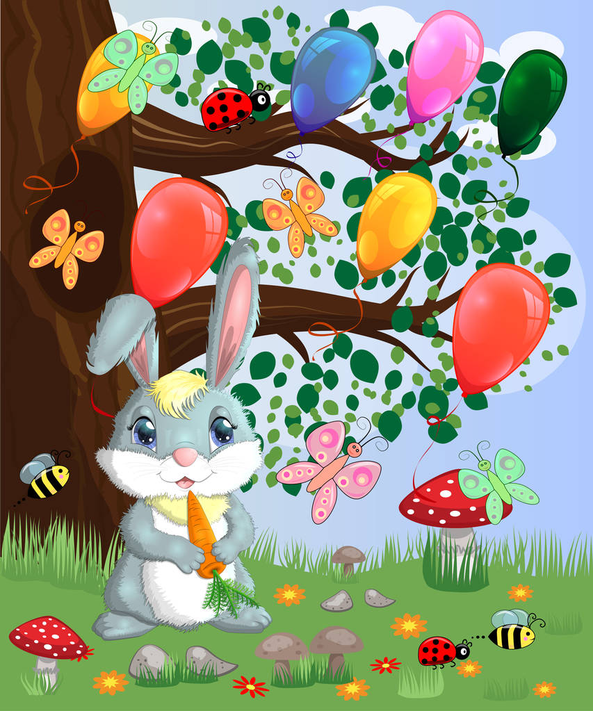 Bunny with a carrot in a forest glade. Vector illustration  - Vector, Image