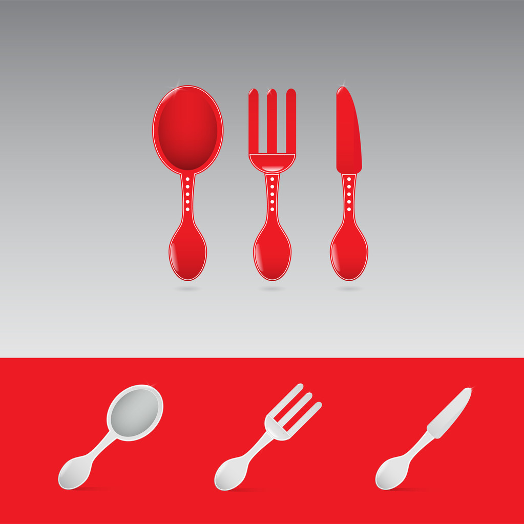 Set de dos letreros de restaurante rojo con cuchara, tenedor y cuchillo
 - Vector, Imagen