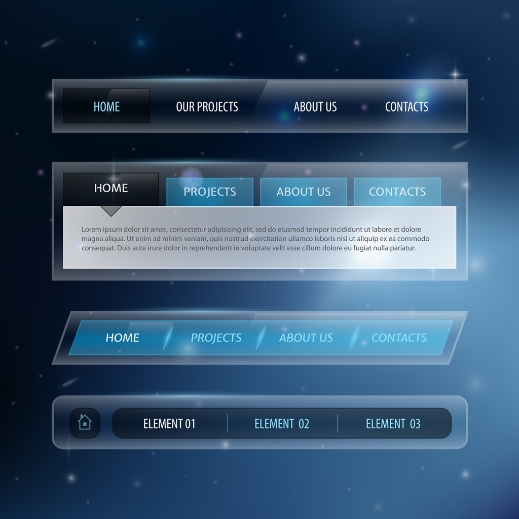 Website ontwerp sjabloon navigatie-elementen met iconen set: menu navigatiebalken - Vector, afbeelding