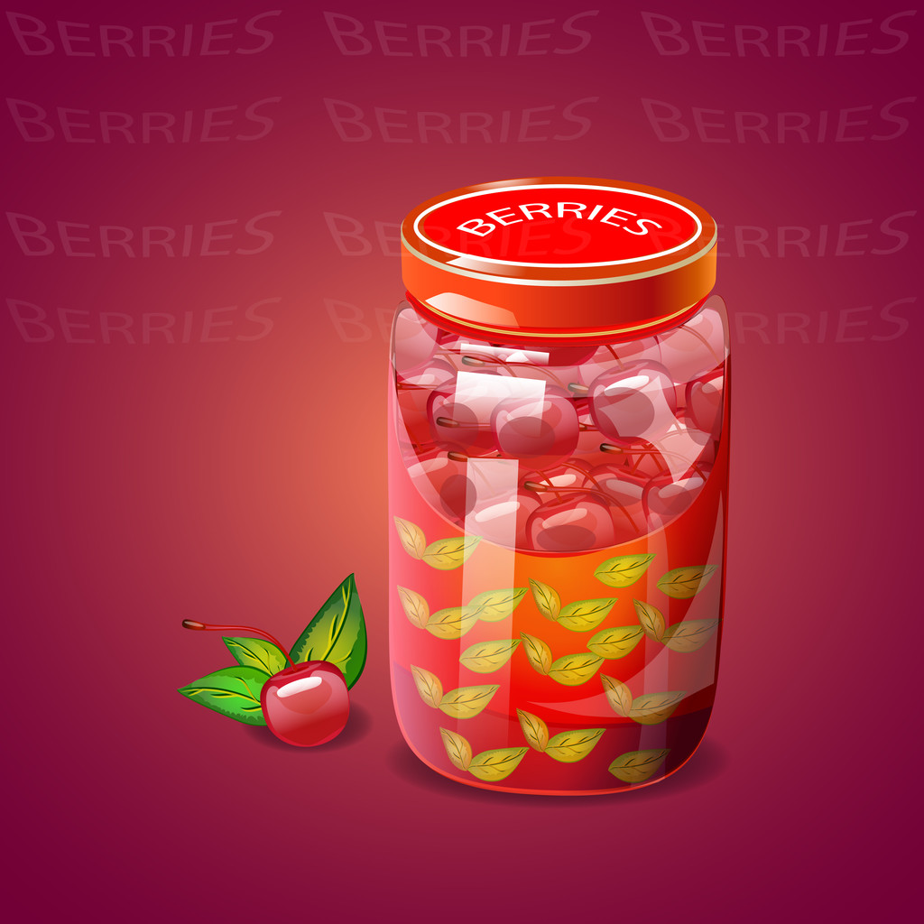 Pot with cherry berries jam - Vector, Image