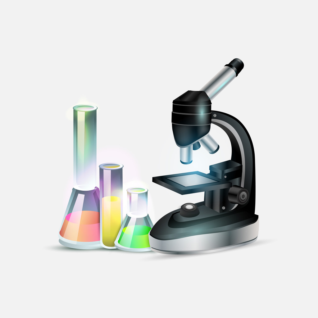 Bilimsel laboratuvar donatımı: mikroskop ve laboratuvar şişe. Vektör çizim - Vektör, Görsel