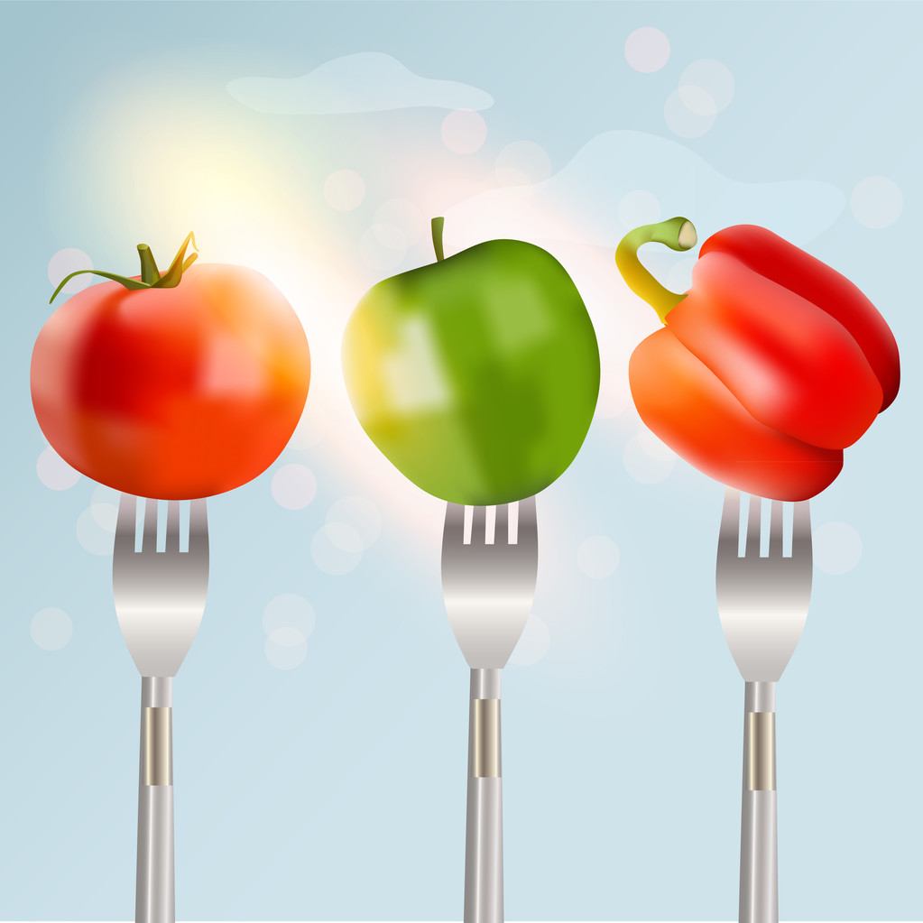 Pippuri, tomaatti ja omena haarukoissa Ruokavalion käsite. Vektoriesimerkki
. - Vektori, kuva