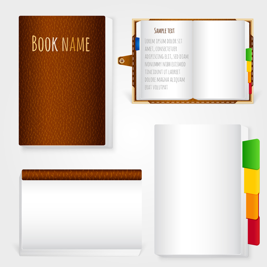 Set of brown leather notebook on white background - Vector, Image