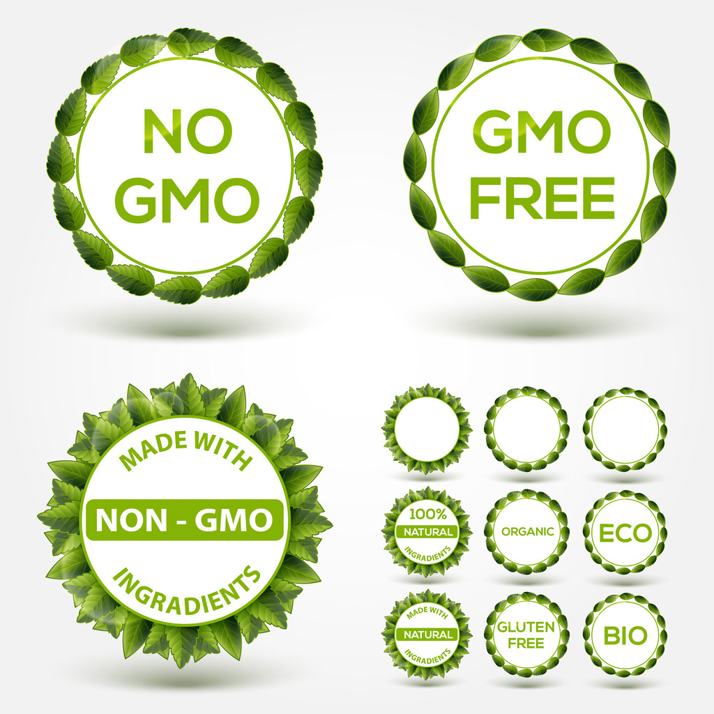 Nenhum rótulo alimentar de OGM autocolantes. Vetor
 - Vetor, Imagem