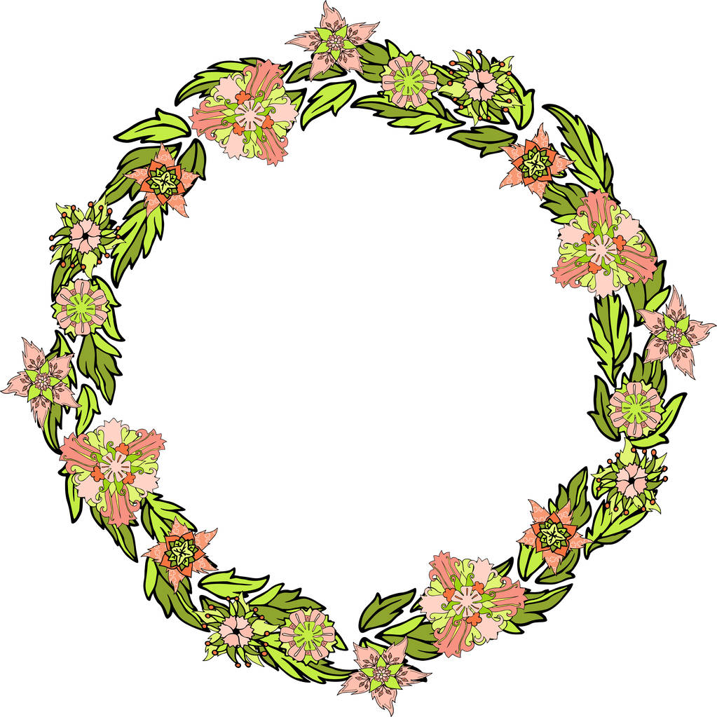 ピンクの花と葉と美しい花輪 - ベクター画像