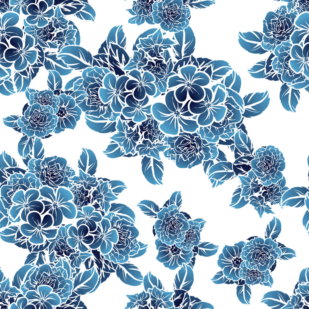 nahtloser Vintage-Stil monochromes dunkelblaues Blumenmuster. Blütenelemente. - Vektor, Bild
