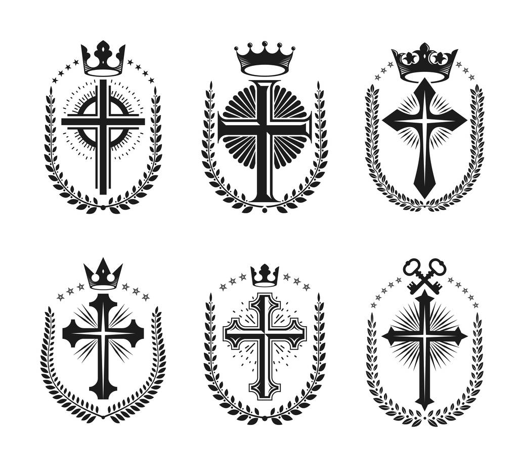 キリスト教宗教エンブレムの十字架を設定します。紋章紋章の装飾的なロゴ分離ベクトル イラスト コレクション. - ベクター画像